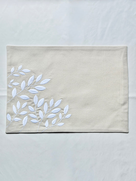 Placemat Set in Ivory Bloom Leaf Design – Elegant Embroidered Cotton Canvas (Set of 6)