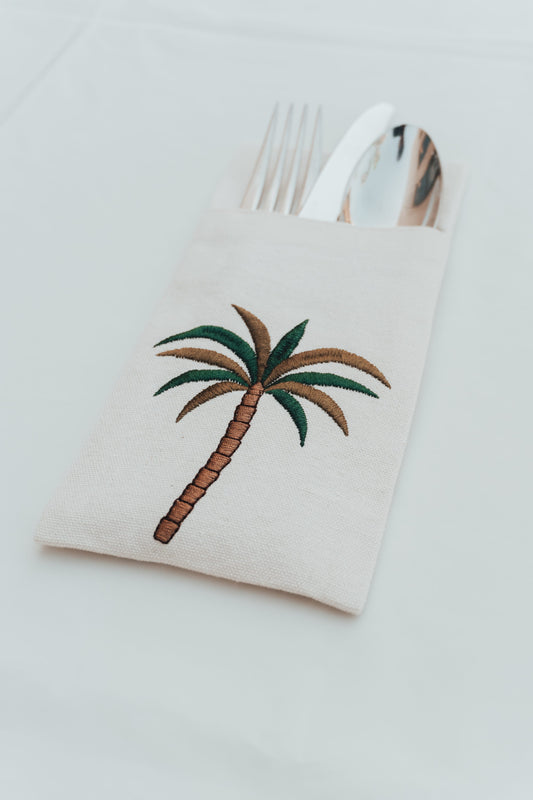 Embroidered Palmette Cotton Cutlery Pockets, Set of 6