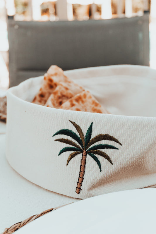 Premium Cotton Canvas Bread Basket with Palmette Embroidery - Multi-Use Organizer, Washable Home Decor