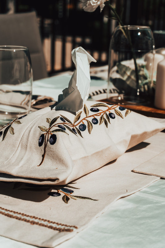 Embroidered Olive Branch Cotton Canvas Tissue Box Cover - Elegant Home Decor