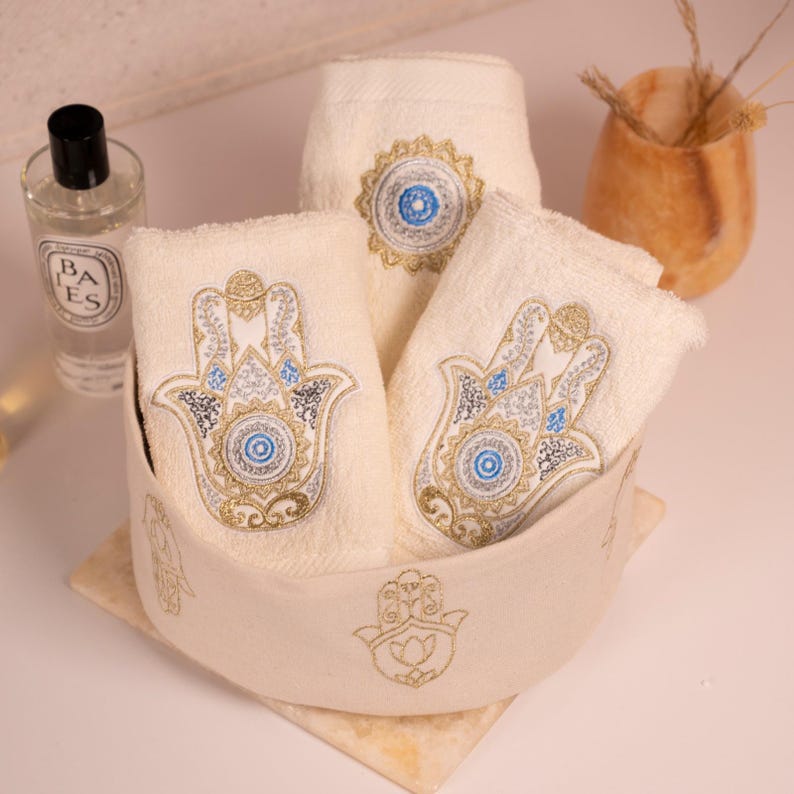Embroidered Cotton Guest Towels: Middle Eastern Design - Set of 3 - 100% Cotton - Made in Egypt