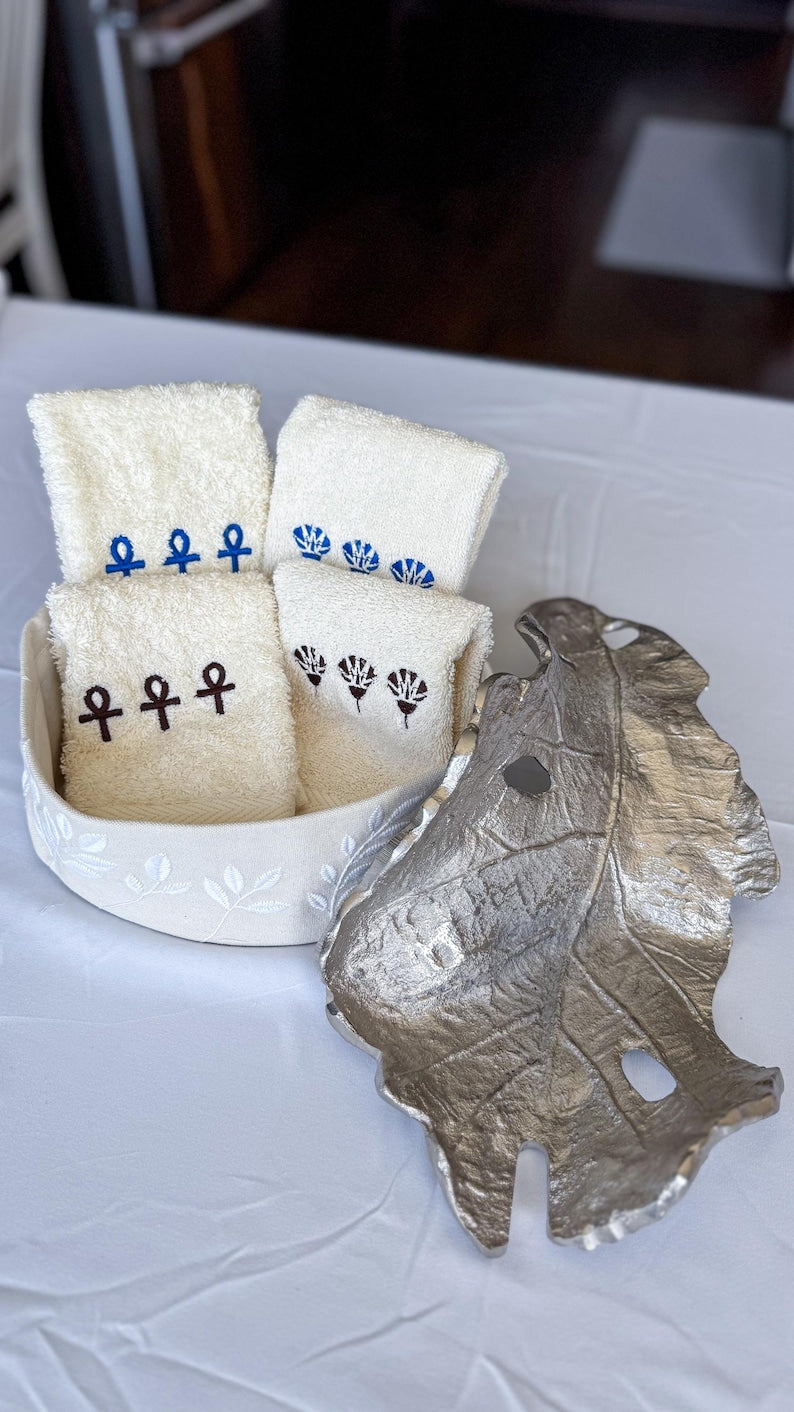 Hotel Grade 100% Cotton Guest Towels – Set of 2 - Made in Egypt | Ankh & Lotus Embroidery | Ancient Egyptian Symbol Towels