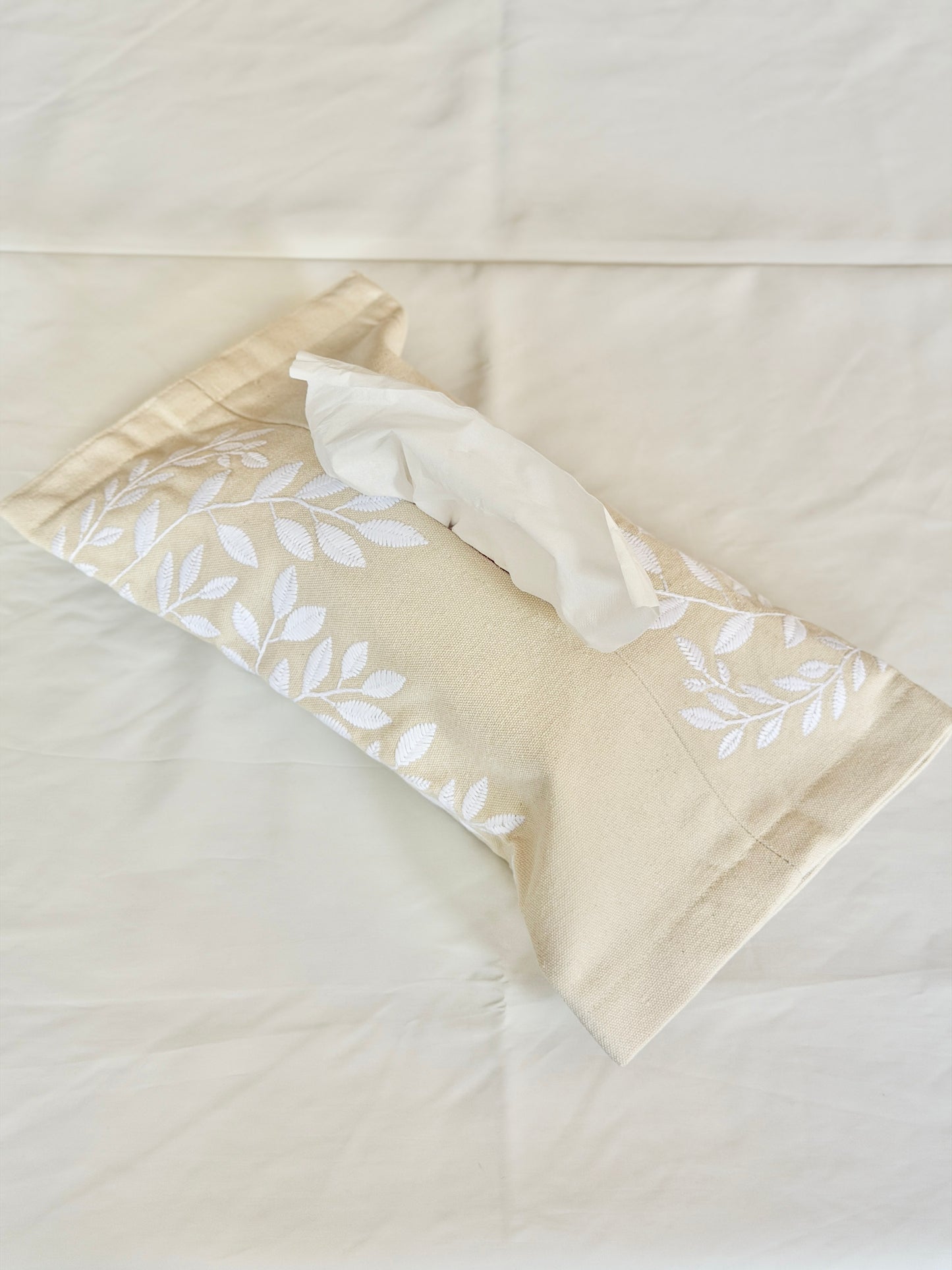 Tissue Box Cover in Ivory Bloom Leaf Design – Elegant Embroidered Home Décor