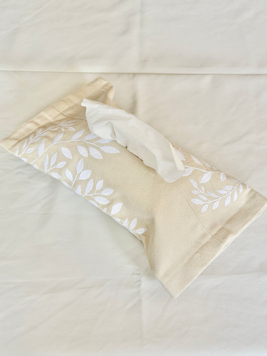 Tissue Box Cover in Ivory Bloom Leaf Design – Elegant Embroidered Home Décor