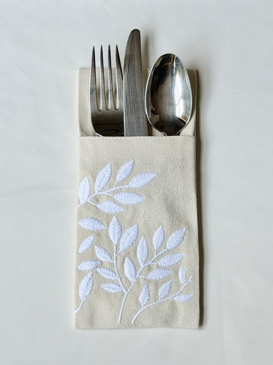 Embroidered Cutlery Holders in Ivory Bloom Leaf Design – Set of 6