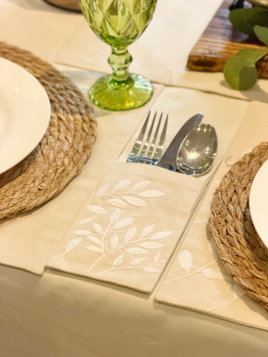 Embroidered Cutlery Holders in Ivory Bloom Leaf Design – Set of 6