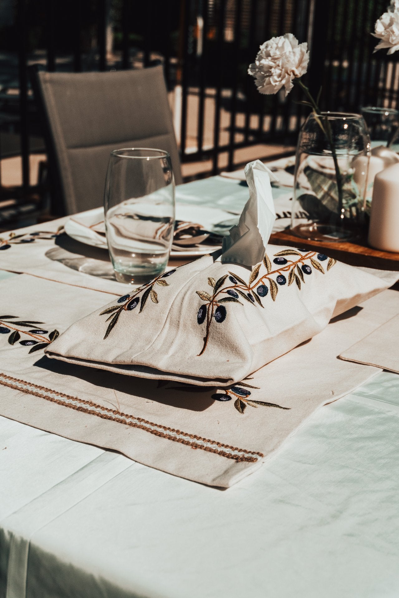 Embroidered Olive Branch Cotton Canvas Tissue Box Cover - Elegant Home Decor