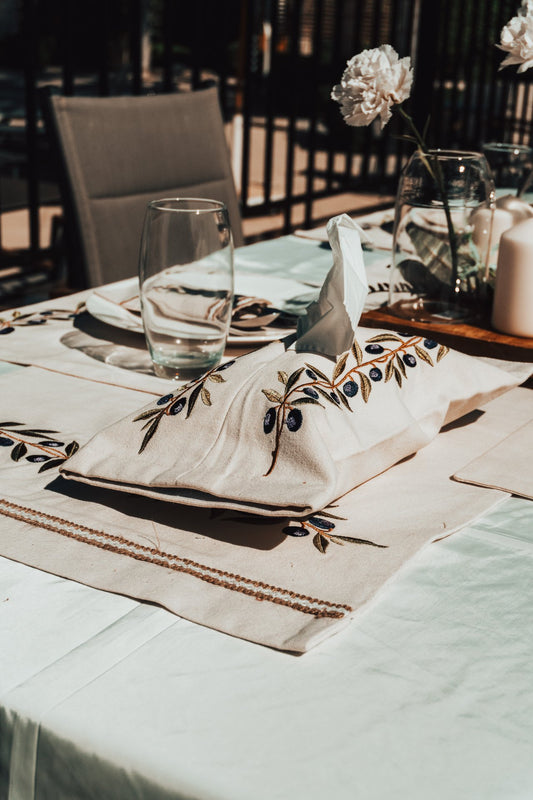 Embroidered Olive Branch Cotton Canvas Tissue Box Cover - Elegant Home Decor