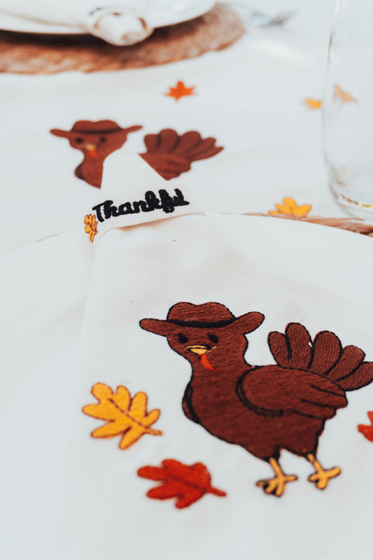 Western Thankful Embroidered Linen Napkin & Canvas Ring Set – Autumn Harvest Table Décor