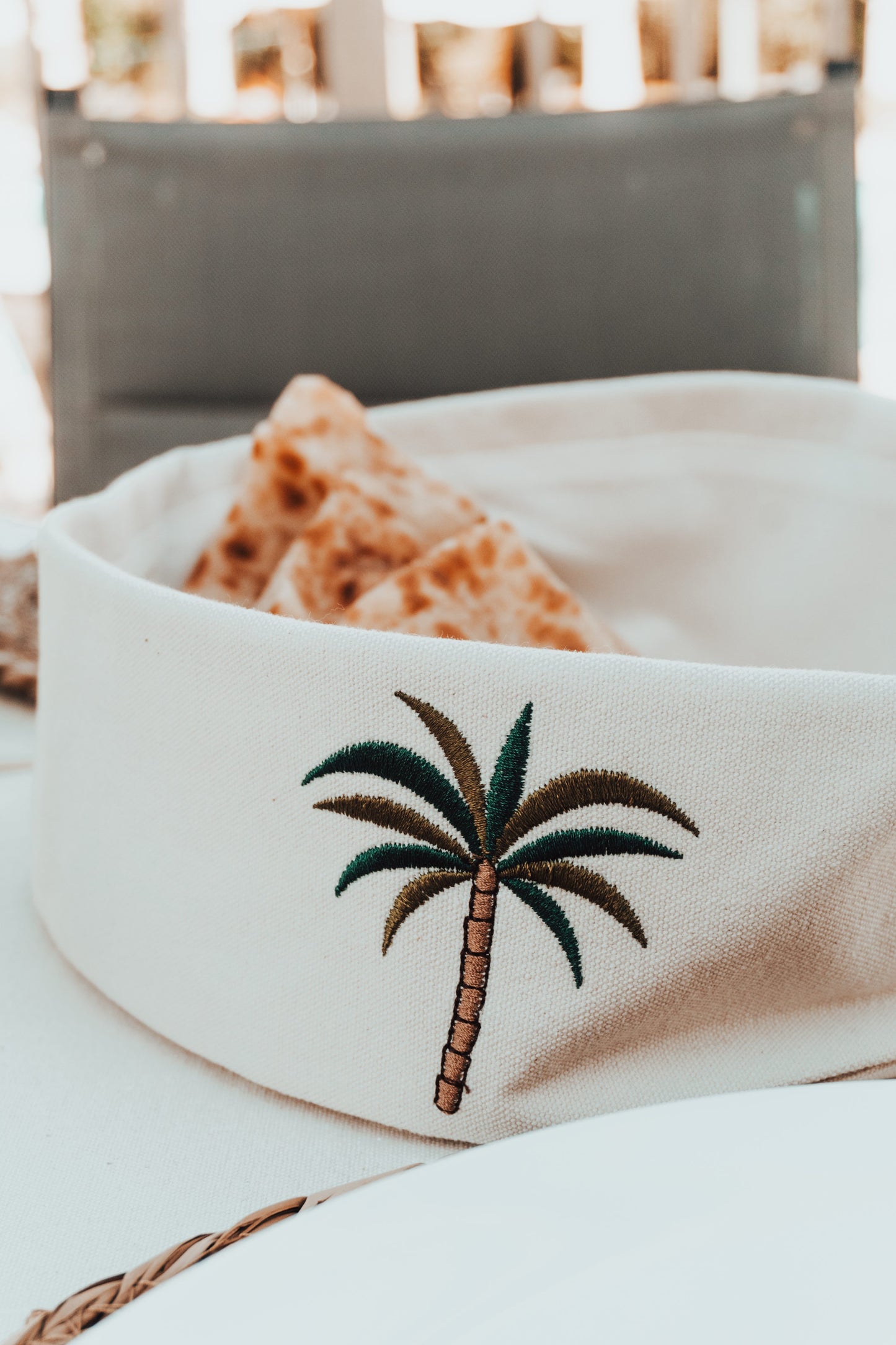 Premium Cotton Canvas Bread Basket with Palmette Embroidery - Multi-Use Organizer, Washable Home Decor