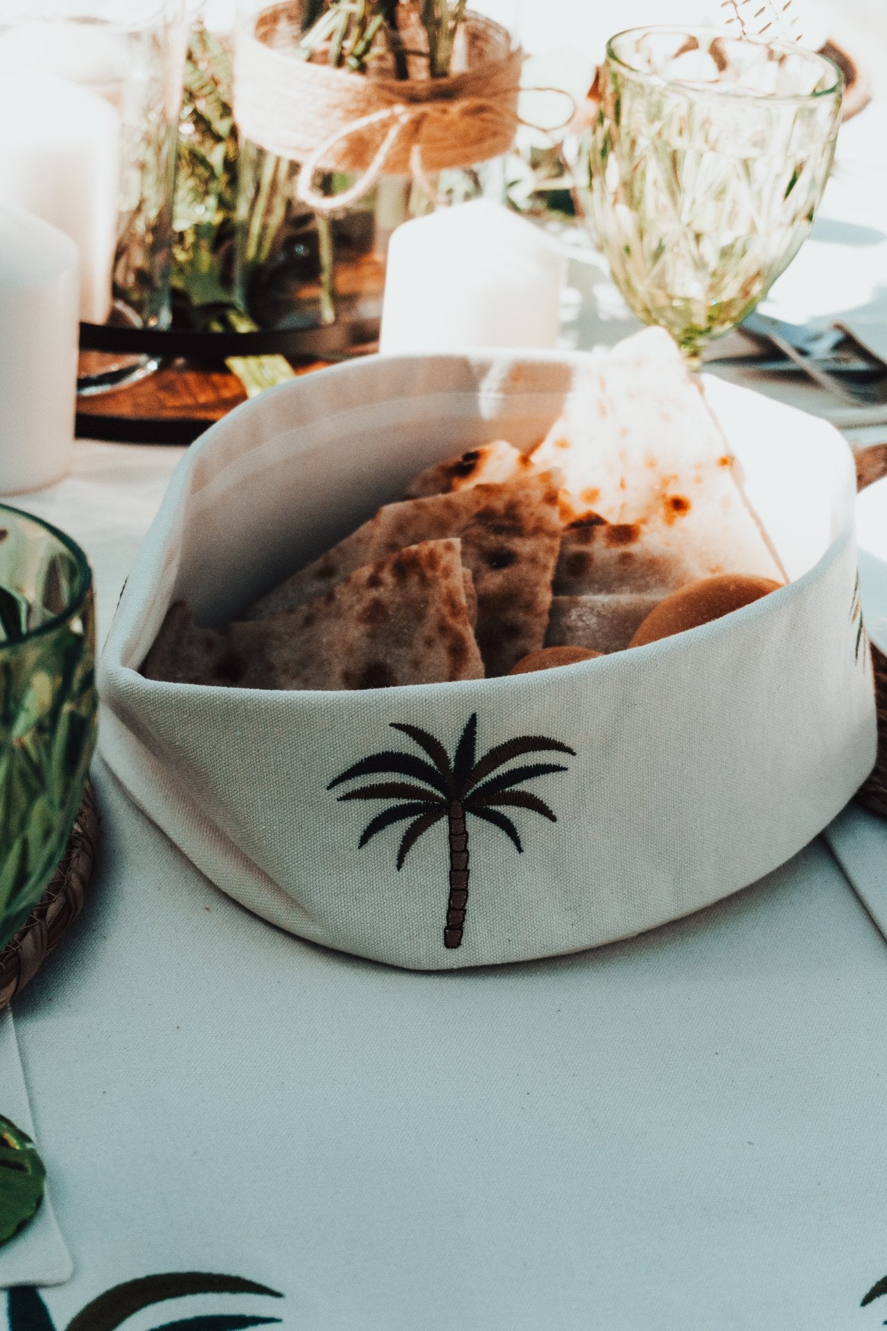 Premium Cotton Canvas Bread Basket with Palmette Embroidery - Multi-Use Organizer, Washable Home Decor