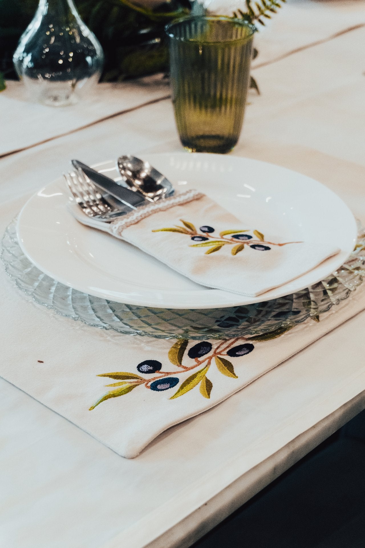 Embroidered Olive Branch Cotton Pocket Holders , Set of 6