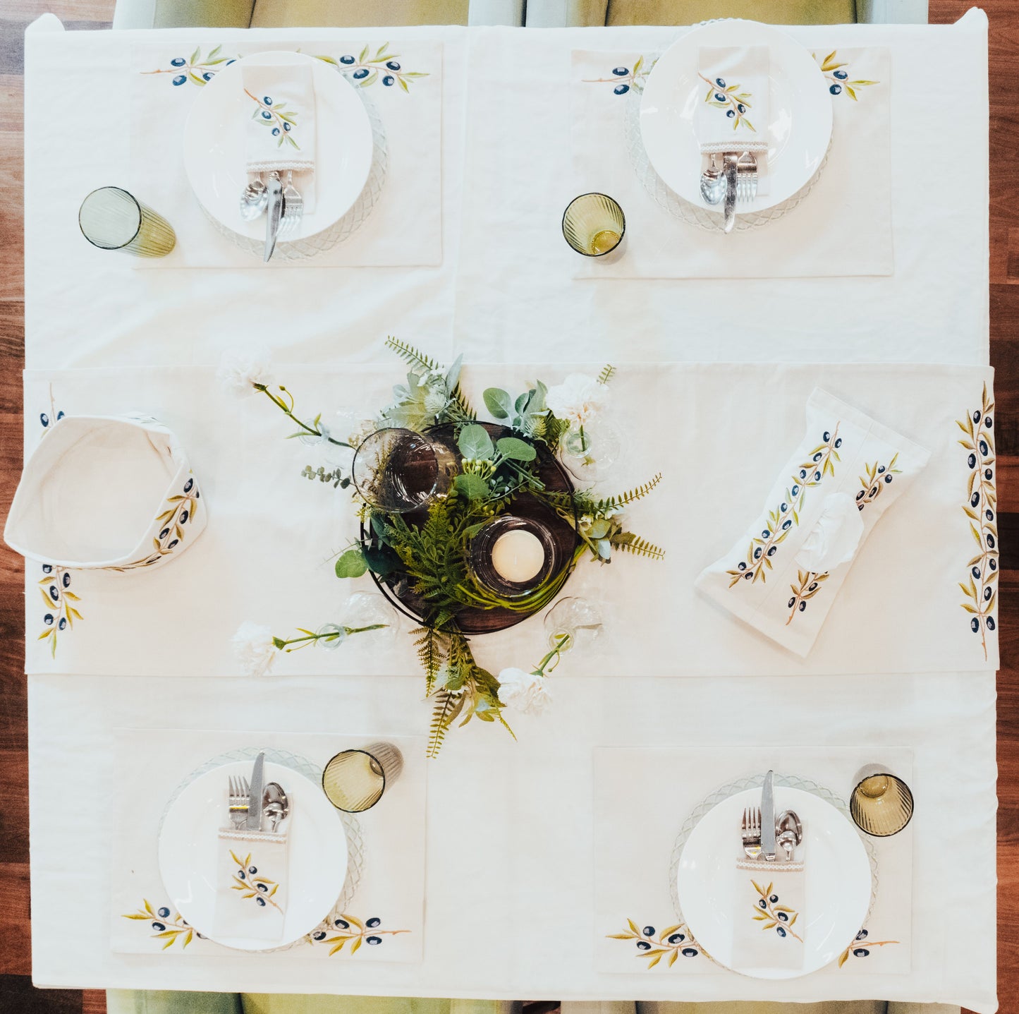 Elegant Olive Branch Embroidered Cotton Table Runner – Handmade Egyptian Decor, Matching Collection