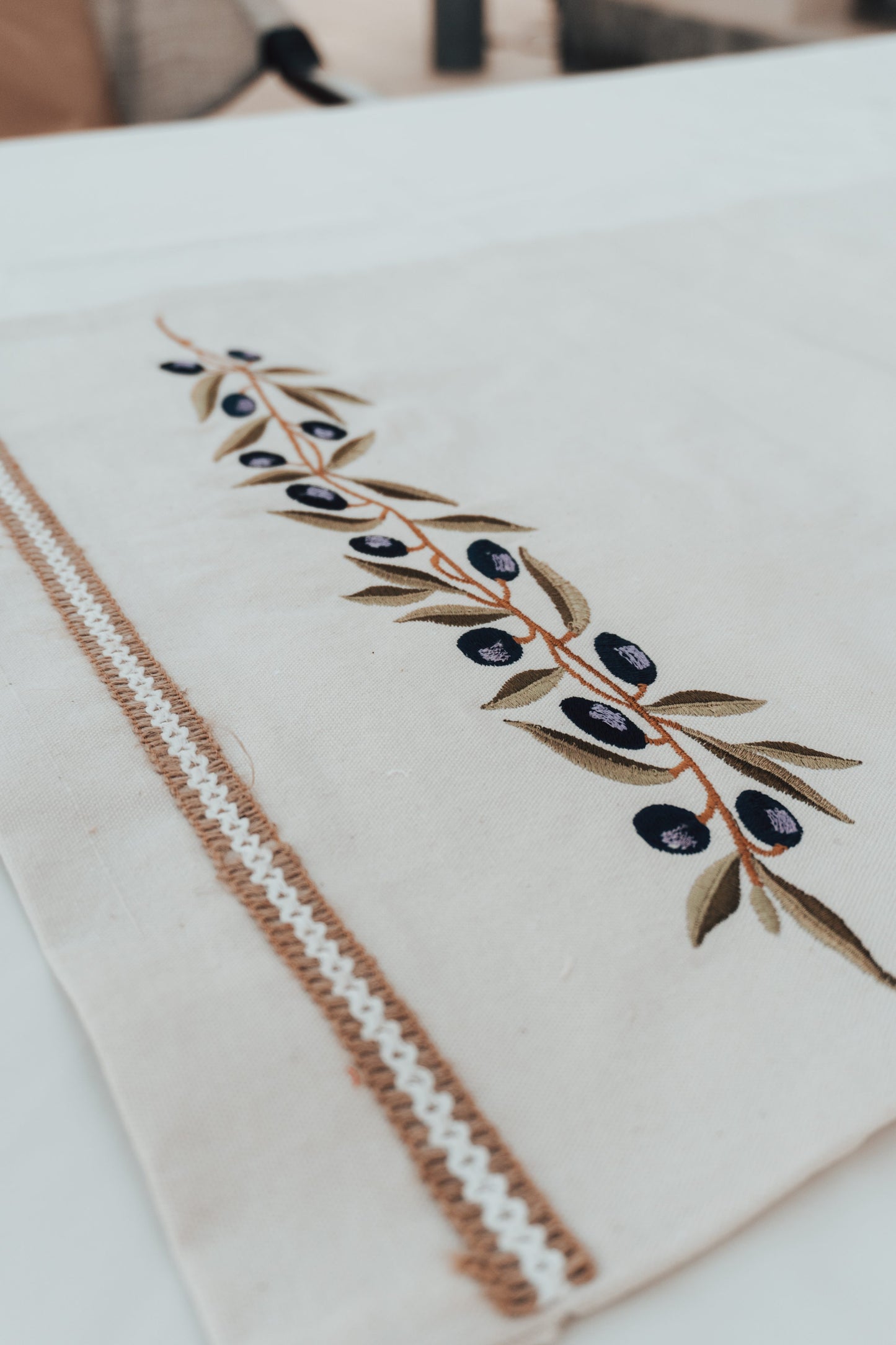 Elegant Olive Branch Embroidered Cotton Table Runner – Handmade Egyptian Decor, Matching Collection