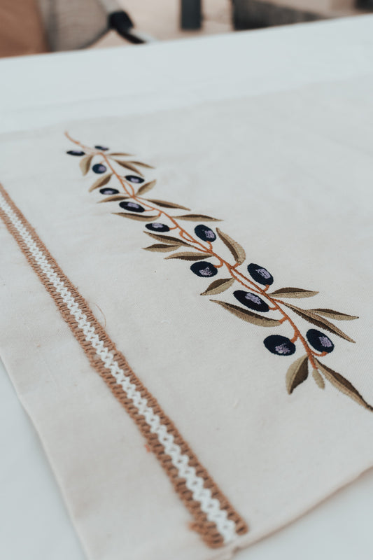 Elegant Olive Branch Embroidered Cotton Table Runner – Handmade Egyptian Decor, Matching Collection