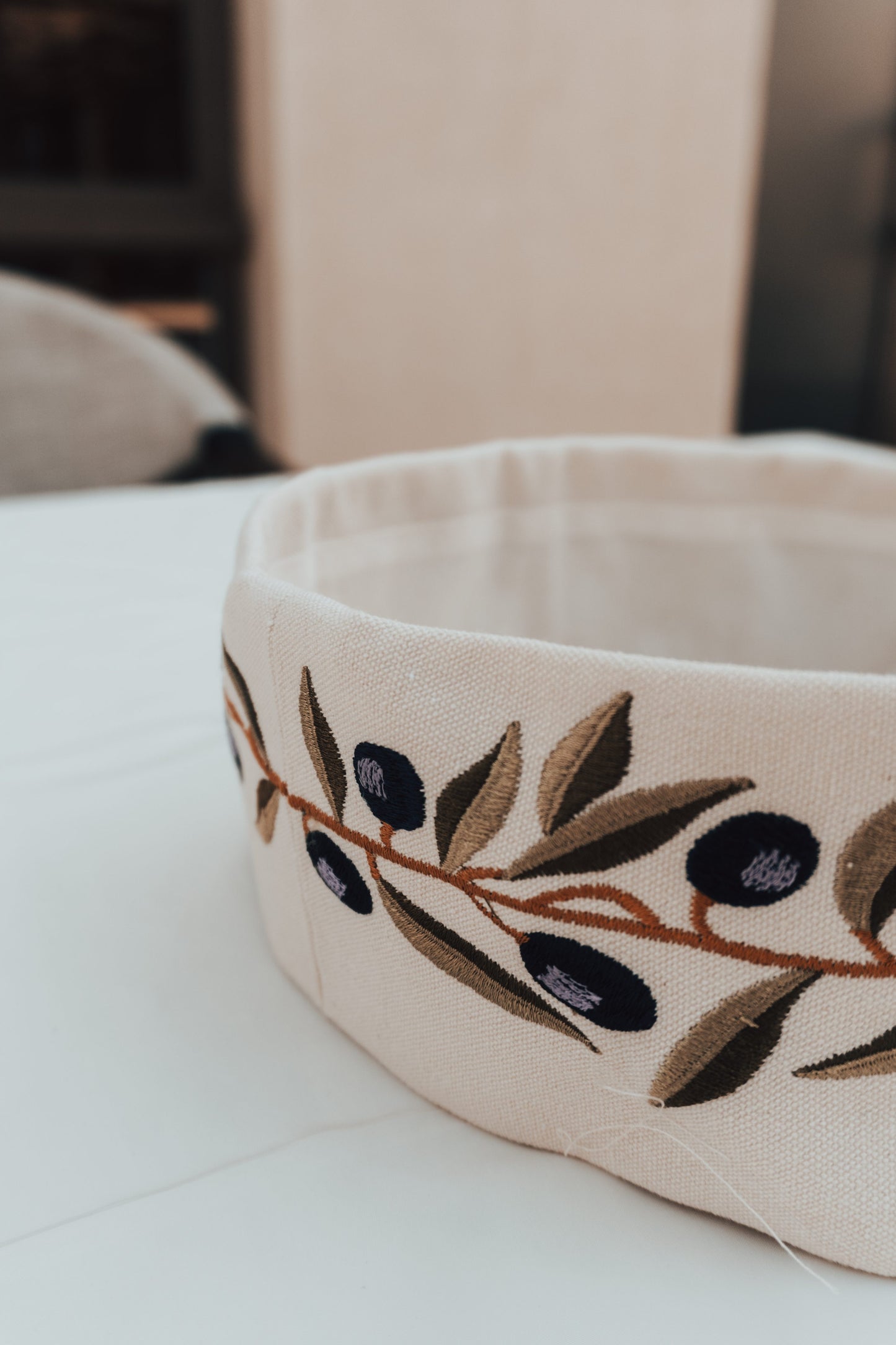 Premium Cotton Bread Basket with Olive Branch Embroidery – Multi-Use Organizer, Washable Home Decor