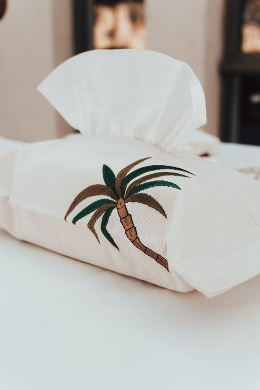 Embroidered Palmette Cotton Canvas Tissue Box Cover - Elegant Home Decor