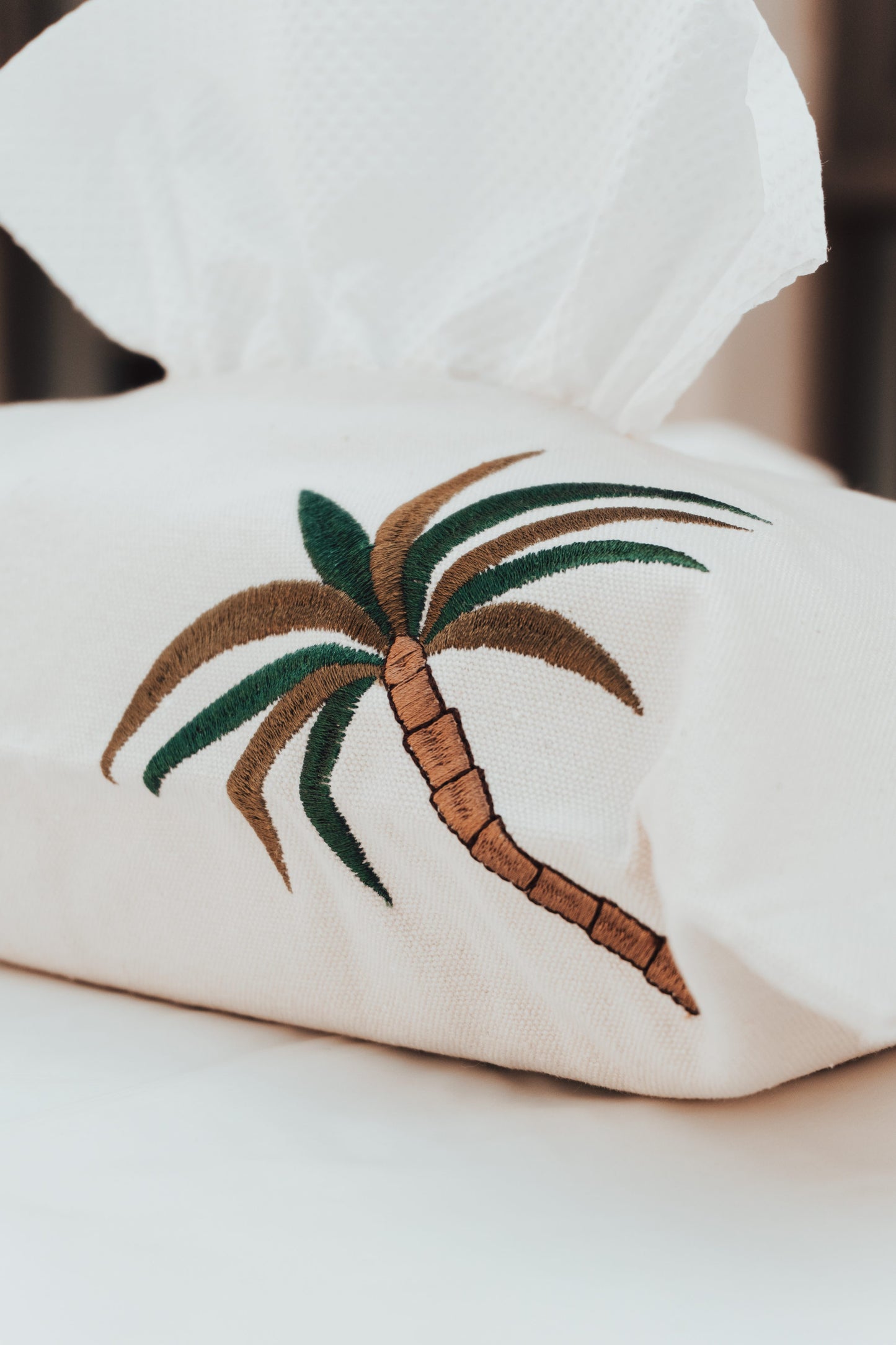 Embroidered Palmette Cotton Canvas Tissue Box Cover - Elegant Home Decor