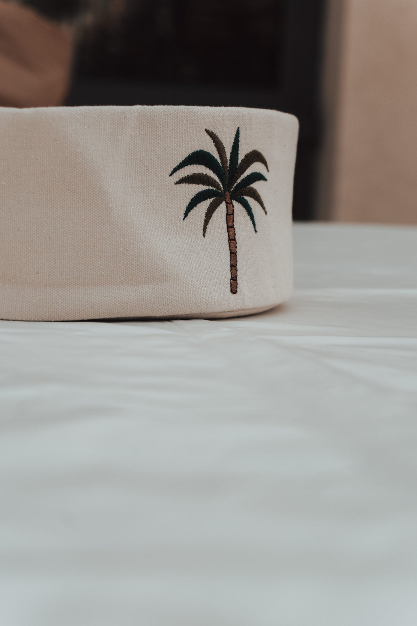 Premium Cotton Canvas Bread Basket with Palmette Embroidery - Multi-Use Organizer, Washable Home Decor