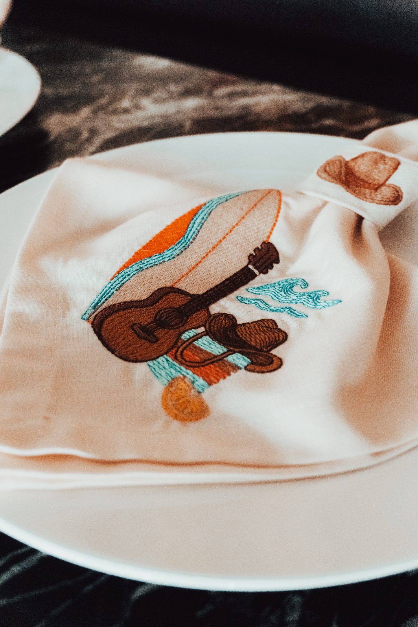 Cowboy Embroidered Linen Napkin & Canvas Holder Set – Western Summer Table Decor