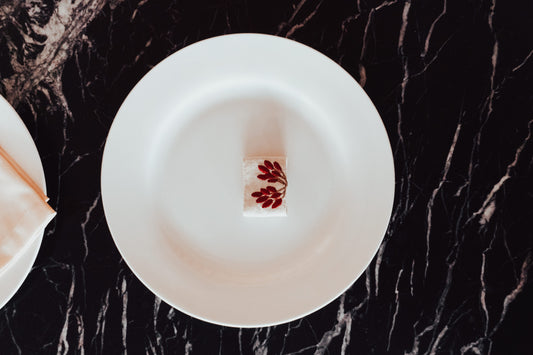 Linen Palmette Napkin & Ring Set – Mixed Linen & Cotton Canvas Elegant linen napkin embroidered with palm and date motifs, paired with a matching cotton canvas ring — a refined touch for sophisticated table settings.