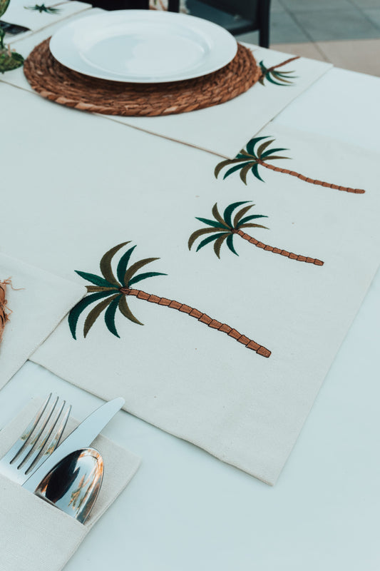 Set of 6 Cotton Canvas Placemats with Palm Tree Embroidery – Tropical Dining Decor, Egypt Made, Washable & Elegant Table Setting Accessories