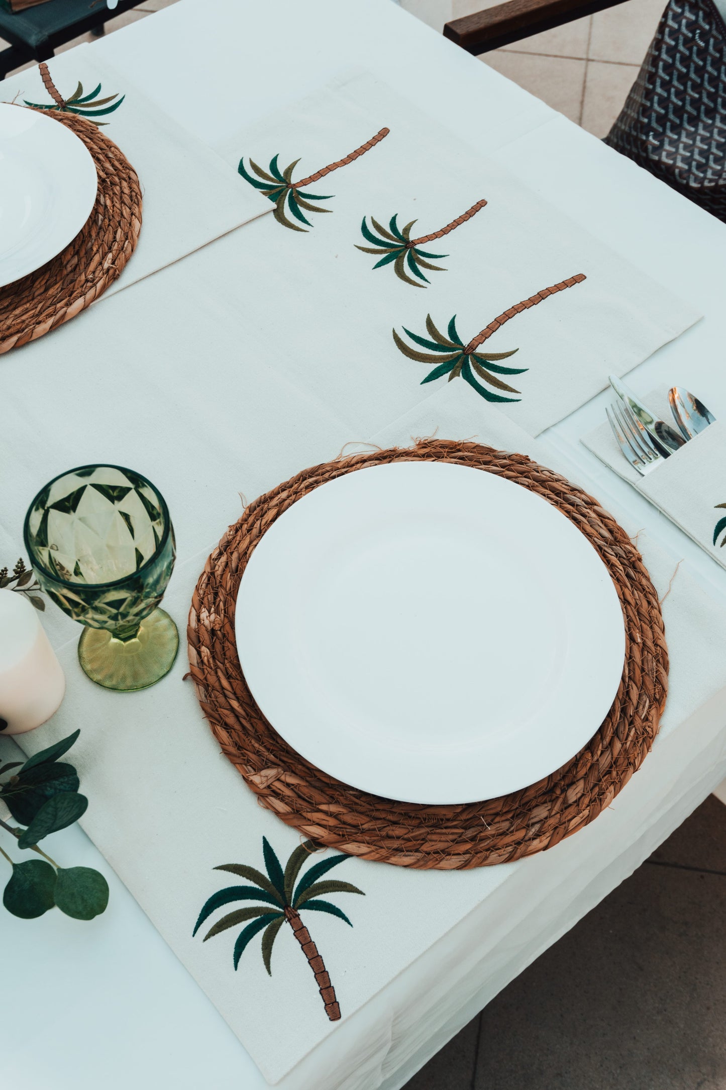 Set of 6 Cotton Canvas Placemats with Palm Tree Embroidery – Tropical Dining Decor, Egypt Made, Washable & Elegant Table Setting Accessories