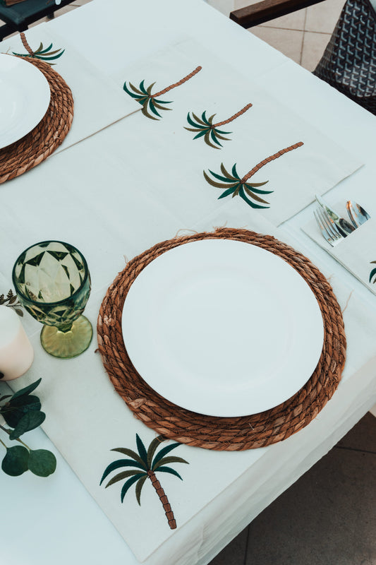 Set of 6 Cotton Canvas Placemats with Palm Tree Embroidery – Tropical Dining Decor, Egypt Made, Washable & Elegant Table Setting Accessories
