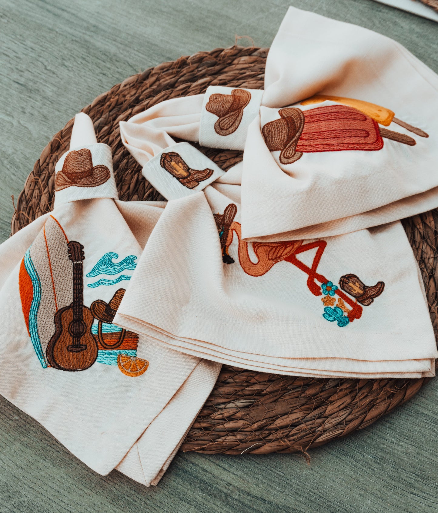 Cowboy Embroidered Linen Napkin & Canvas Holder Set – Western Summer Table Decor