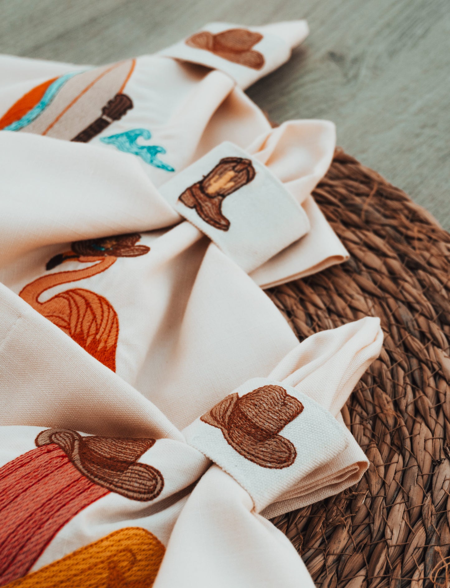 Cowboy Embroidered Linen Napkin & Canvas Holder Set – Western Summer Table Decor