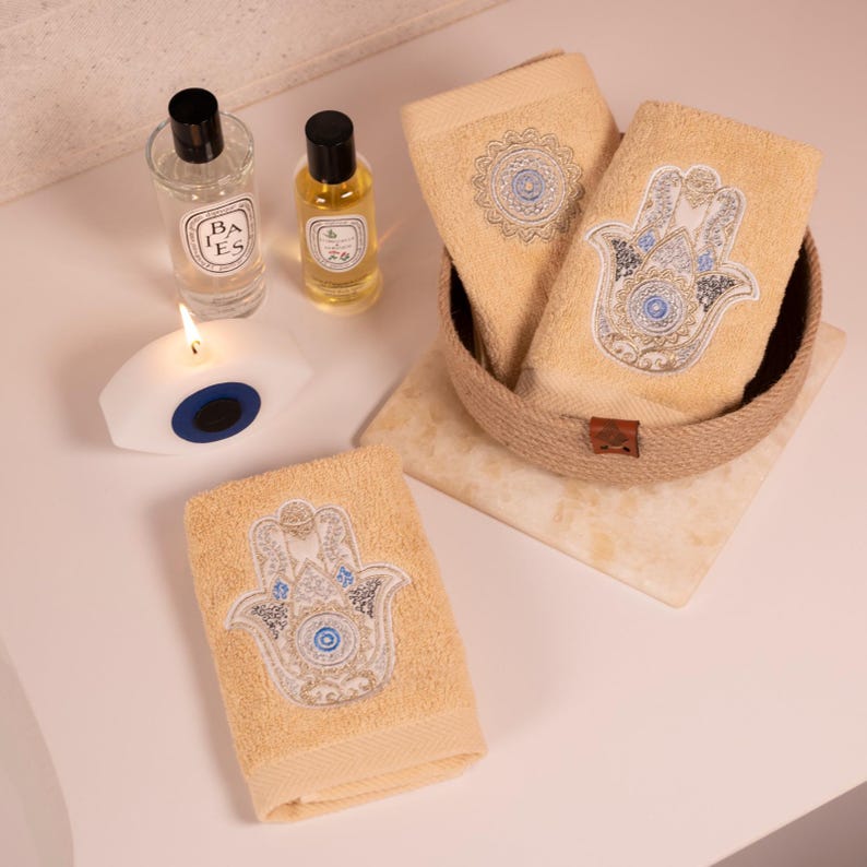 Embroidered Cotton Guest Towels: Middle Eastern Design - Set of 3 - 100% Cotton - Made in Egypt