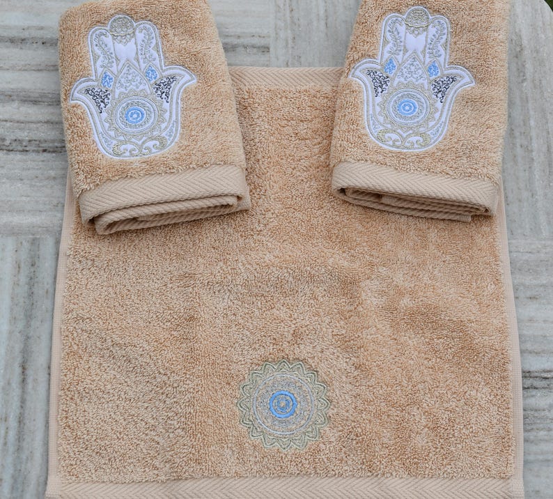 Embroidered Cotton Guest Towels: Middle Eastern Design - Set of 3 - 100% Cotton - Made in Egypt