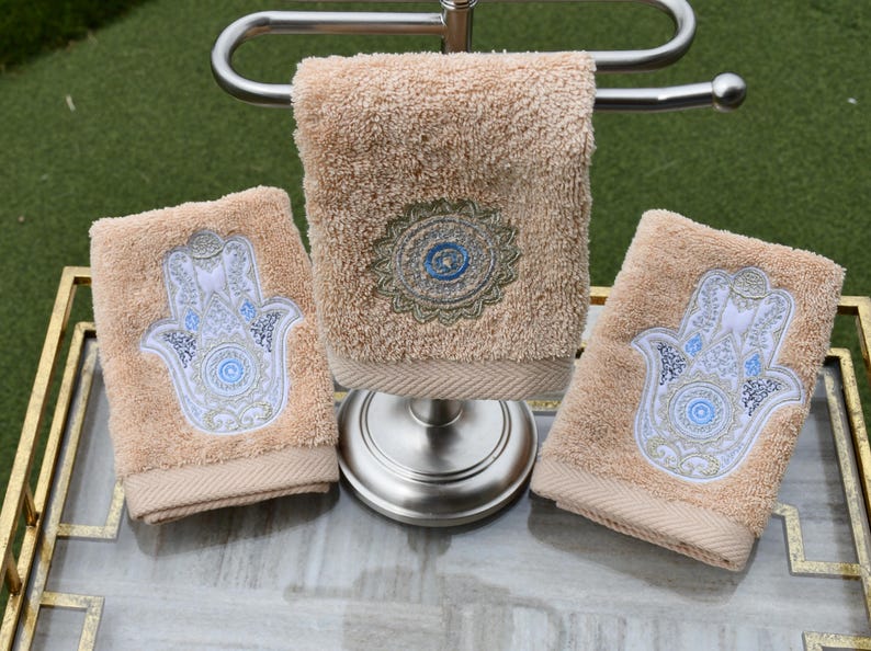 Embroidered Cotton Guest Towels: Middle Eastern Design - Set of 3 - 100% Cotton - Made in Egypt