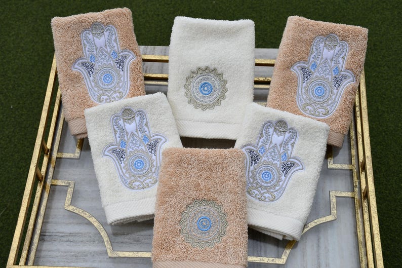 Embroidered Cotton Guest Towels: Middle Eastern Design - Set of 3 - 100% Cotton - Made in Egypt