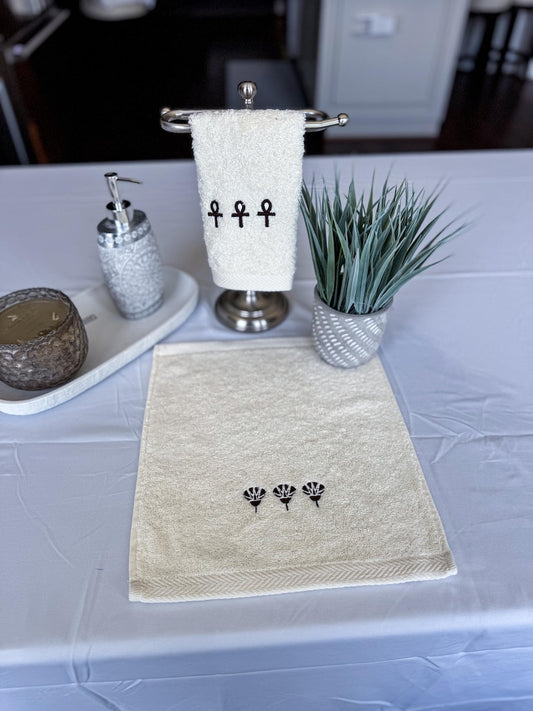 Hotel Grade 100% Cotton Guest Towels – Set of 2 - Made in Egypt | Ankh & Lotus Embroidery | Ancient Egyptian Symbol Towels